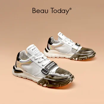 

Men Sneakers Cow Leather Microfiber Platform Shoes Patchwork Design Breathable Sports Shoes for Men Handmade BeauToday 58303