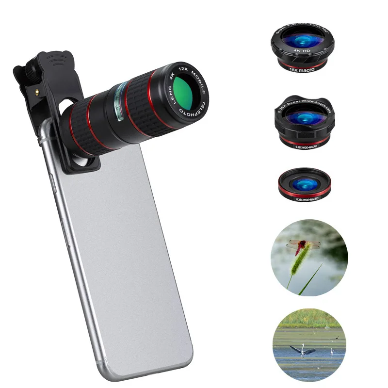 

Cross Border for 12 Times Long-focus Telephoto Lens Fisheye Wide-angle Macro 4K Five in One Mobile Phone Lens Summer And Winter