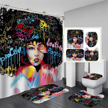 

Shower Curtain Bathroom Decor 4pcs Non Slip Toilet Polyester Cover Mat Set MH75