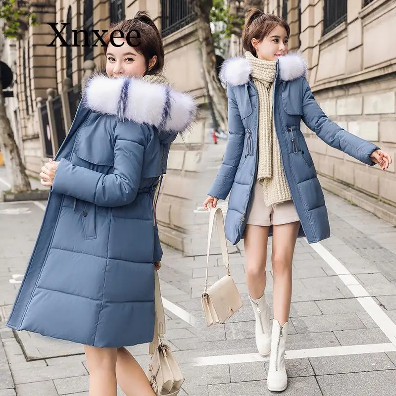 Red White Blue Windproof Warm Casual Women Long Winter Parka Slim Coats Jackets Hooded Pockets Parka Feminina Winter Clothes Fur