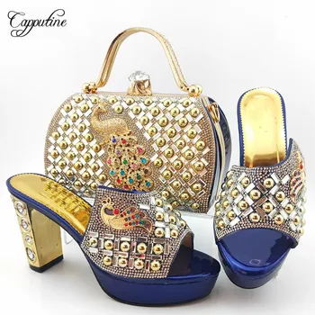 

High Class Dark Blue Party Set High Heel Shoes And Bag Set With Peacock Decoration MD015 Heel Height 10.5CM