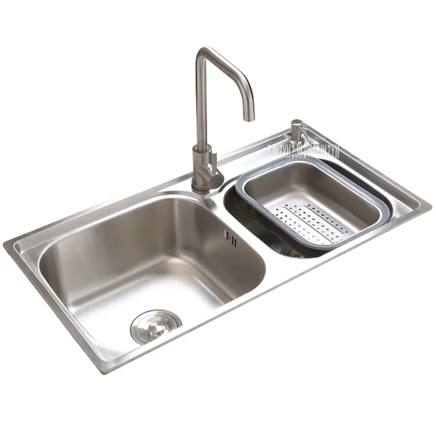 304 Stainless Steel Sink Wiredrawing Kitchen Double Slot Thickened Vegetable Bowl Dish Washing Basin With Soap Dispenser | Обустройство