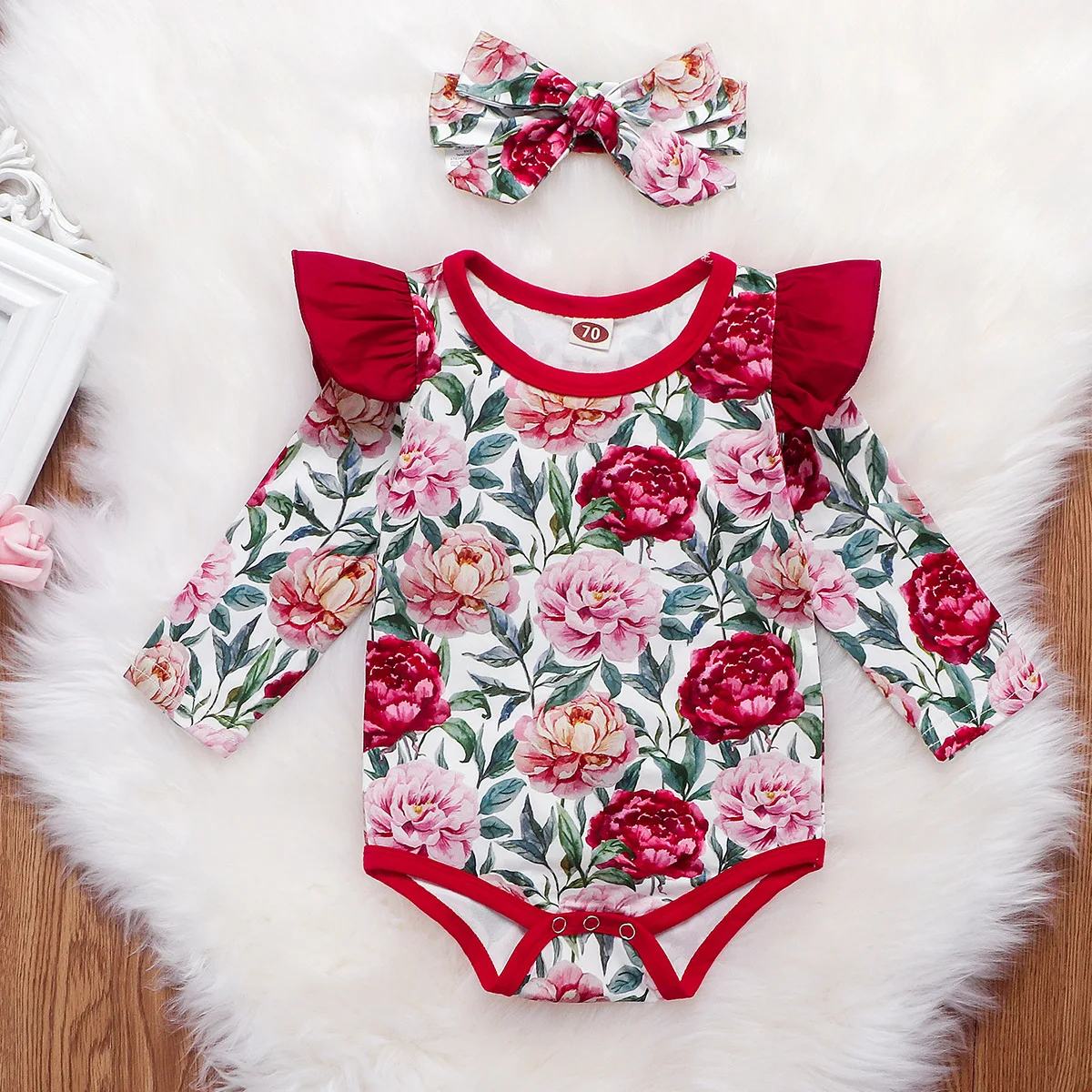 Комплект одежды из 3 предметов для новорожденных девочек, комбинезон с длинными рукавами и оборками с цветочным рисунком+ длинные штаны с бантом+ повязка на голову, комплект одежды для 0-24 месяцев