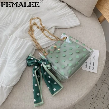 

2pcs New Polka Dot PVC Design Women Messenger Bag Fashion Transparent Female Jelly Bag Lady Clear Shoulder Bag Bowtie Scarf