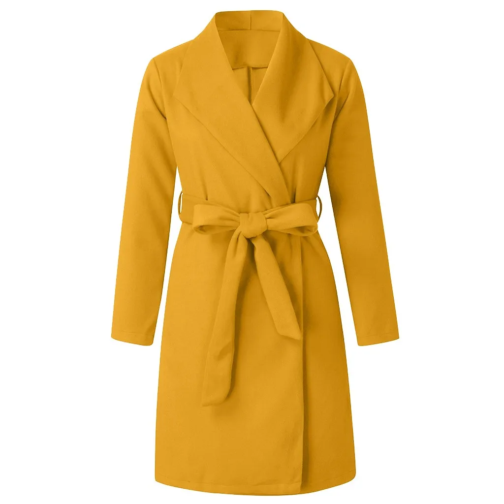 Длинное шерстяное пальто Осень Зима Одежда отложной воротник карман женское плотное шерстяное пальто однотонная женская одежда большого размера - Цвет: Цвет: желтый