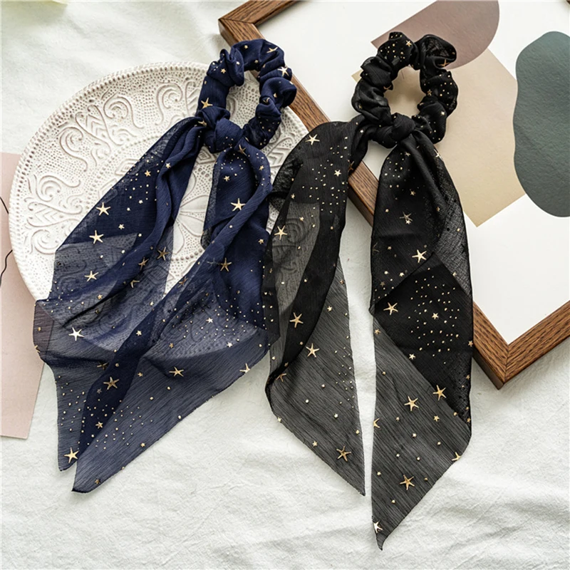 Korean Shiny Star Bow Hair Ties Elastic Hair Band Chiffon Ribbon Scrunchies Knotted Hair Rope Women Girls Hair Accessories antique gold irregular round buckle cowhide lengthened belt leather knotted waist rope dress decorative thin waist sealing belt