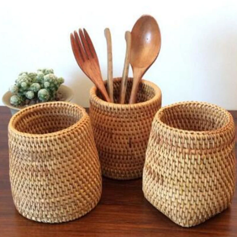 Pencil Holder Stationery Rattan Bucket Dinner Knives Forks Tableware Storage Box Home Storage Baskets Desk Organizer