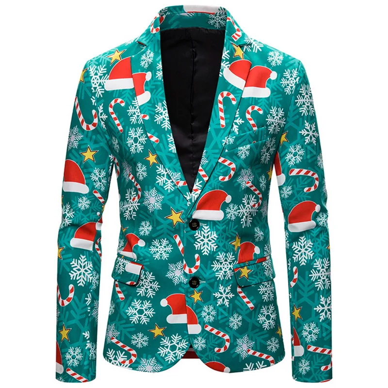 MoneRffi, мужские рождественские пиджаки, модная куртка с 3D мультяшным рождественским принтом, вечерние приталенные повседневные мужские пиджаки - Цвет: Green