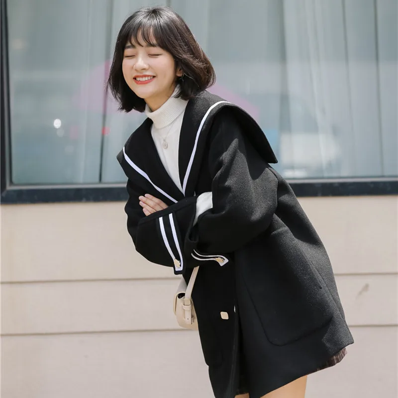 

Girls Overcoats Female Preppy Style Jackets Teen Girls Sailor Collar Loose Winter JK Uniform Outerwear Coats Clothes for Women