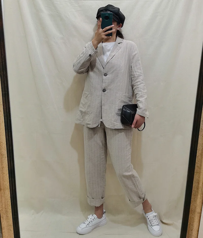 

A Few Slices of Cotton Linen WOMEN'S Dress 2020 Spring New Style Loose And Plus-sized Stripes Graceful Short Suit Harem Pants WO