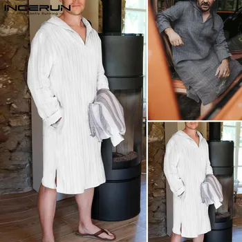 

Mens Nightgown INCERUN Men Striped Bathrobes Vintage Long Sleeve V Neck Hooded Homewear Leisure Pockets Cotton Sleep Robes S-5XL