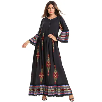 

Elegant Print Abaya Button Maxi Dress Ethnic Geometric Full Hijab Muslim Cardigan Kimono Long Robe Gowns Eid Ramadan Islamic