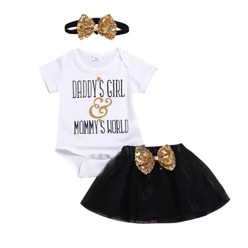

A Generation of Fat Foreign Trade Europe And America Childrenswear Girls' Short Sleeve Shirt Lettered T-shirt Sequin Bow Mesh Sk