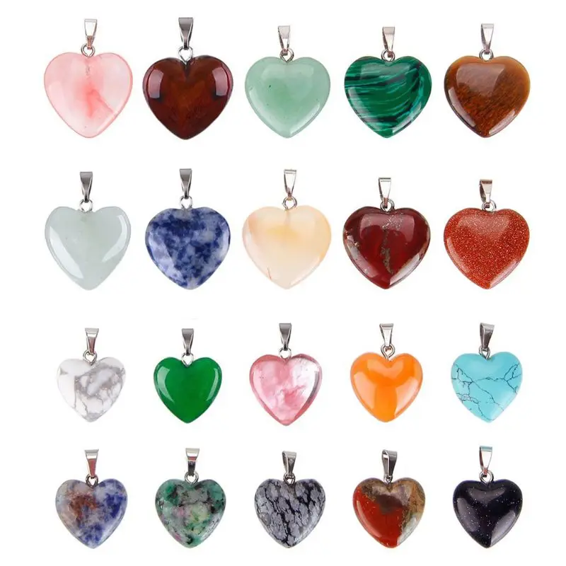

20 Pieces Heart Shape Stone Pendants Chakra Beads Crystal 2 Different Sizes