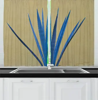 

Pale Yellow Green Blue Exotic Blue Kitchen Curtains Illustration Agave Plant Mexican Tequila Production Element Window Drapes
