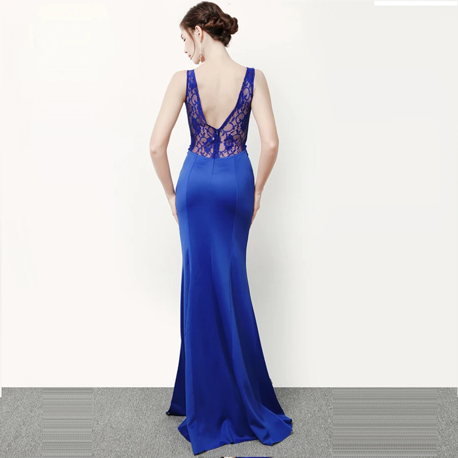 Evening Gown V-neck Sleeveless Evening Dresses for Women Sexy Lace Backless Robe De Soiree Solid Split Evening Dress C243
