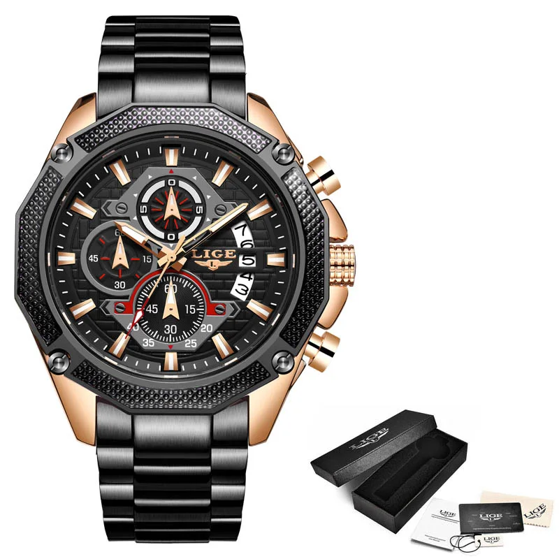 Relogio Masculino New LIGE Fashion Brand Mens Watches Full Steel Business Quartz Clock Military Sport Waterproof Watch Men - Color: Rose Gold Black