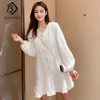 

Elegant Women Buttons Ruffle V Neck Lantern Sleeve Dress Loose Casual Dresses 2020 Spring D01616M