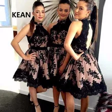 Изготовленные на заказ платья для выпускного вечера черный воротник хомутиком, без спины Аппликации Элегантные коктейльные платья