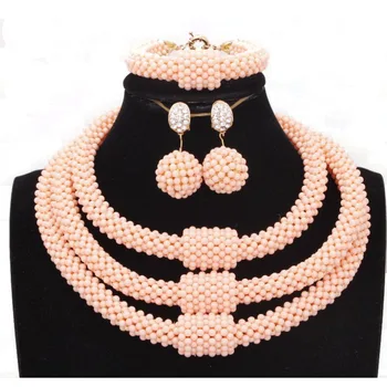 

4UJewelry Women Bridal Jewelry Set For Women Bold 3 Layers African Wedding Jewellery Set For Nigerian Wedding Bride Peach 3 Pcs