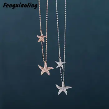

Fengxiaoling Light Luxury Zircon Pendant Women Necklaces 100% 925 Sterling Silver Exquisite Zircon Starfish Statement Necklace
