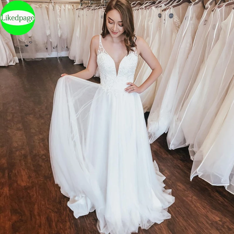 

Sexy Wedding Dress 2021 Lace Appliques Boho Vestios De Novia V Neck Back Less Beach Boda Chiffon Bride Party Gowns Robe Mariage