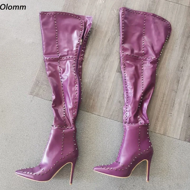 

Olomm Handmade Women Winter Thigh Boots Side Zipper Studs Sexy Thin High Heels Pointed Toe Purple Party Shoes Plus US Size 5-15