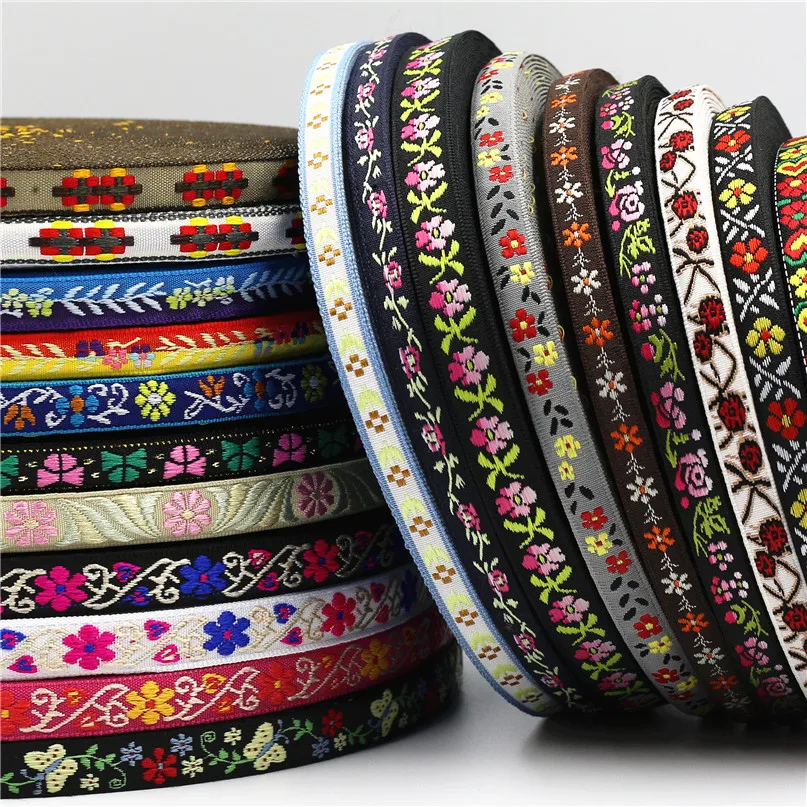 1cm 5 Yards Ethnic Floral Jacquard Ribbon Embroidery Lace Trim For Wedding DIY Clothes Bag Accessories