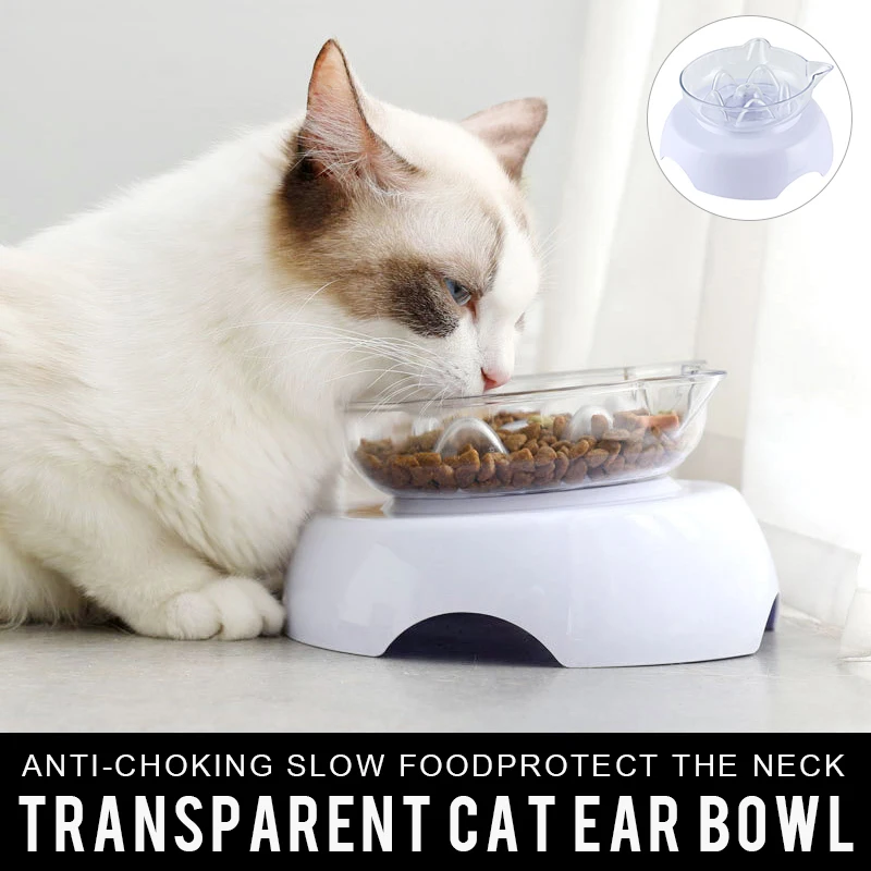 

Pet Feeding Bowl Cute Cat Ears Shaped Spine Protect Single/15° Oblique Bowls