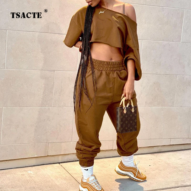 

Fall New Sexy Fashion Skew Collar Five-Point Sleeve Casual Crop Top Two-Piece Women's Sports Pants Suit Streetwear Sets Clothing