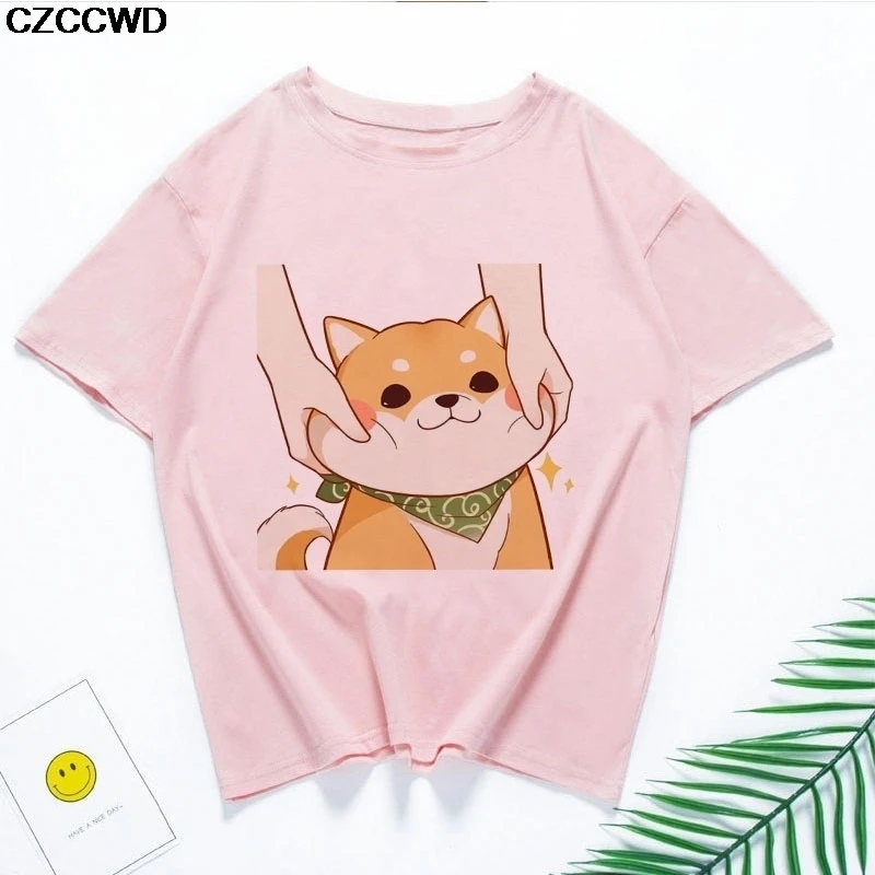 Funny Kawaii Cute Shiba Inu Dog T-shirt Women Gift Print Pink T-shirt Summer Loose Harajuku T Shirt Streetwear Clothes Tops Tees