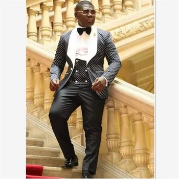 

New Arrival Men Suit Groomsmen White Lapel Groom Tuxedos Black Dot Wedding Best Man Bridegroom Costume Homme Men's Suits 3 Piece