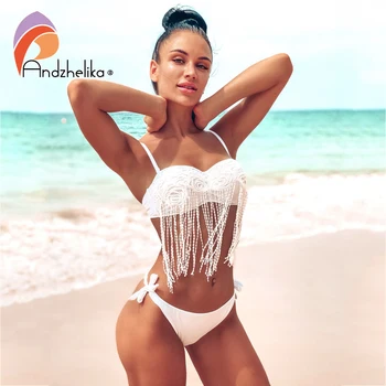 Image of Andzhelika Lace Flower Tassel Bikinis Women Swimsuit Push Up Bikini Set  Summer Low Waist Swimwear Brazilian Bathing Suit