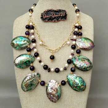 

Freshwater Whitew Pearl A1methyst Abalone Shell Multi Strand Statement Necklace