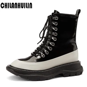 

new design shoes women flat platform ankle boots spring boots black lace up punk rivets medium creepers shoes fashion footwear