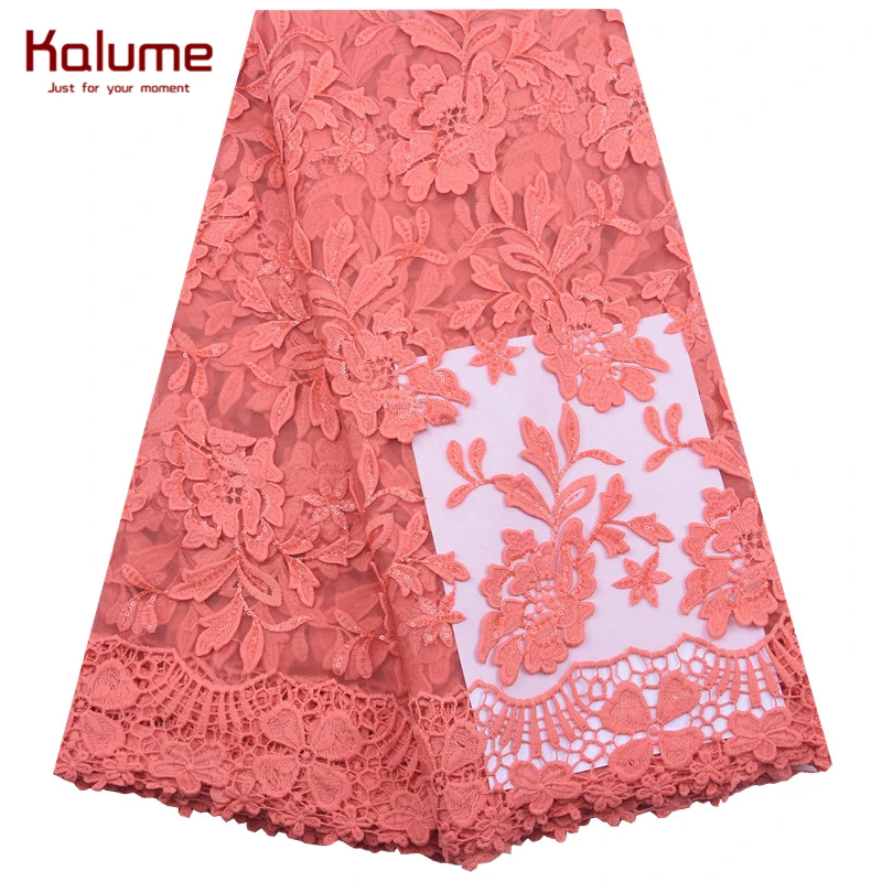 

Kalume African Lace Fabric Peach French 3D Flower Milk Silk Lace Fabric Sequins Nigerian Lace Fabric For Wedding Dress F1886