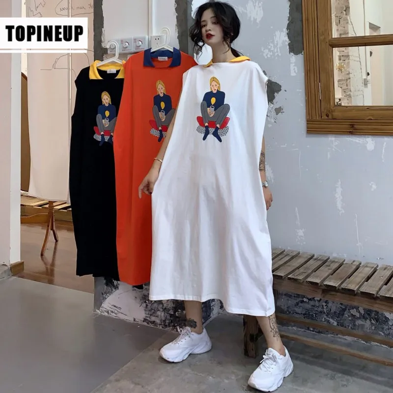 

2019 Korean College Style Summer cartoon polo shirt lazy long T-shirt Loose Women Sleeveless Female Casual Tops