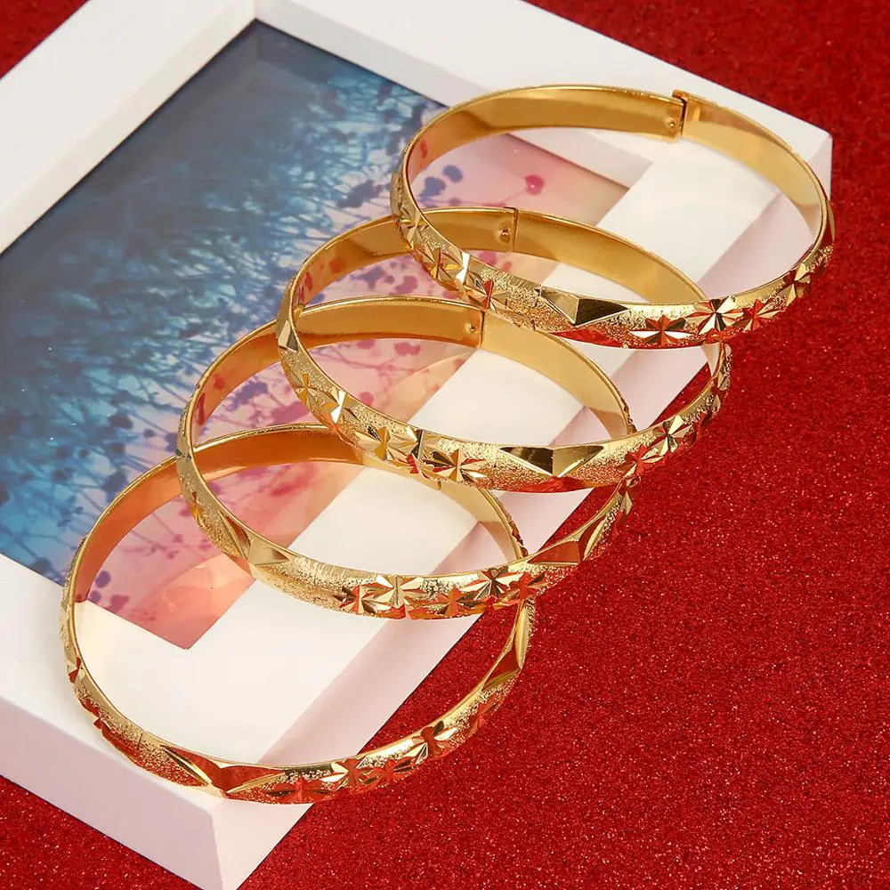 Trendy 4pcs Dubai Bangles for Women Men Gold Color Wide Bracelets African Ethiopia Jewelry 2