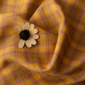 

High quality pure flax fabrics Retro yellow check tissu Designer brand custom clothing cheongsam Top Dress Gown material