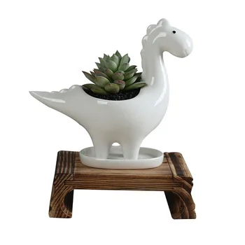 

White Ceramic Cartoon Dinosaur Planter with Tray Creative Flower Pot for Succulents Plants Pots Home Garden Desktop Decoration