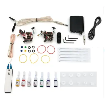 

Tattoo Complete Tattoo Kits 2 Machine Gun Beginner Tattoo Set 7 Inks Needle Grips Foot Petal Power Supply