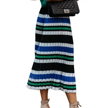 Casual Girls Pleated Skirts Contrast Striped Ankle-Length Long Skirt 2020 Spring Summer Skirts Womens Beach Wear jupe femme D30