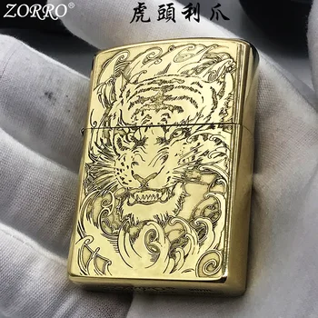 

Zorro tiger head claw pure copper kerosene lighter, carved and etched retro personality boutique