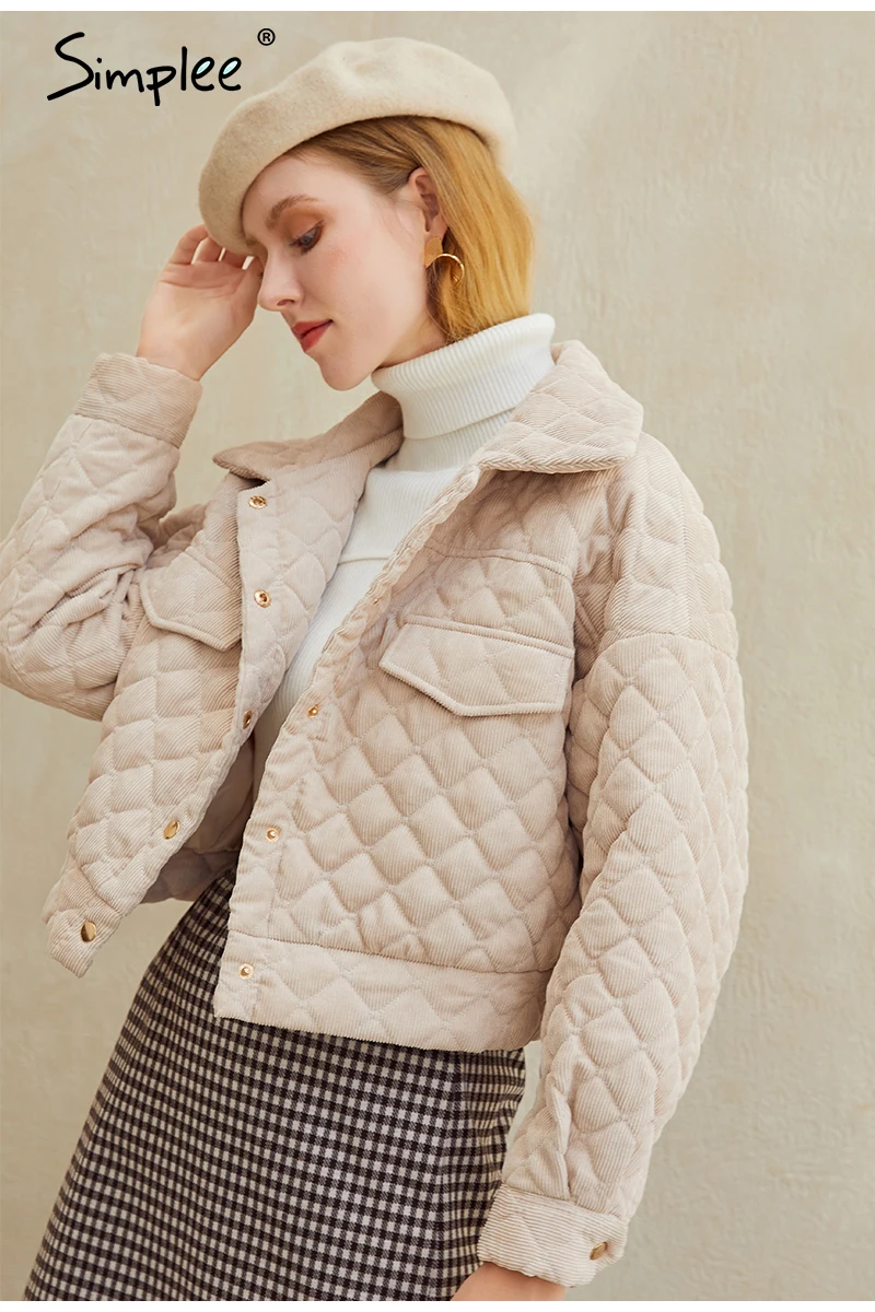 Simplee Fashion turndown collar corduroy coats jackets Bat sleeve single-breasted women parkas Casual female short winter coat