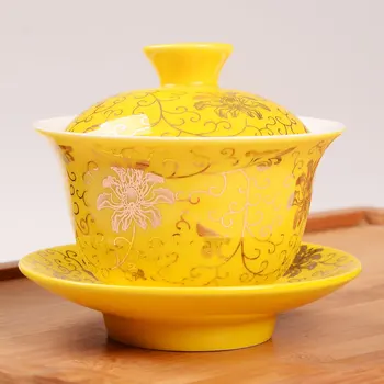 

Yellow Prayering Tea Tureen China Tea Cup and Saucer Set Retro Gaiwan Ceramic Tea Bowl Festvial Serving Teacup