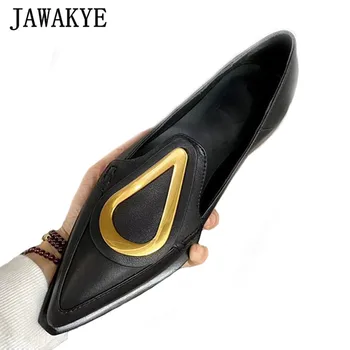 

JAWAKYE Black Real Leather Women Loafers Glod Metal Buckle Casual Flat Shoes Ladies Brand Celebrity Leisure Dress Shoes Woman
