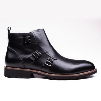 

Side Buckle Luxury Brand Zip Mens Ankle Genuine Leather Handmade Vintage Wine Red Italian Wedding Dress Boots Shoes Men
