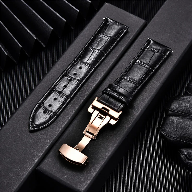 Premium Genuine Leather Watchband with Butterfly Buckle - Elegant Men's Strap Accessory