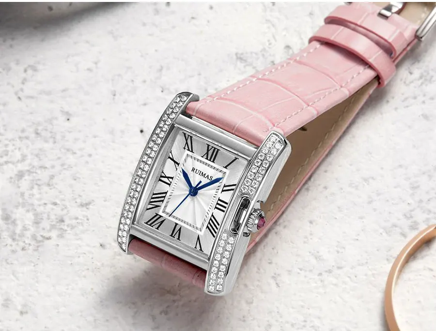 RUIMAS Женские квадратные аналоговые автоматические часы роскошные розовые кожаные Наручные часы женские водонепроницаемые механические часы женские 6773
