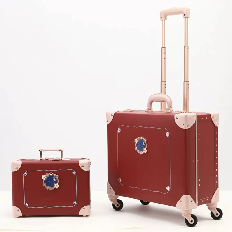 

New Vintage Floral PU Rolling Luggage sets,12"16"18"inch Women Cute Trolley Suitcase Travel Bag Carry ons with Universal Wheels